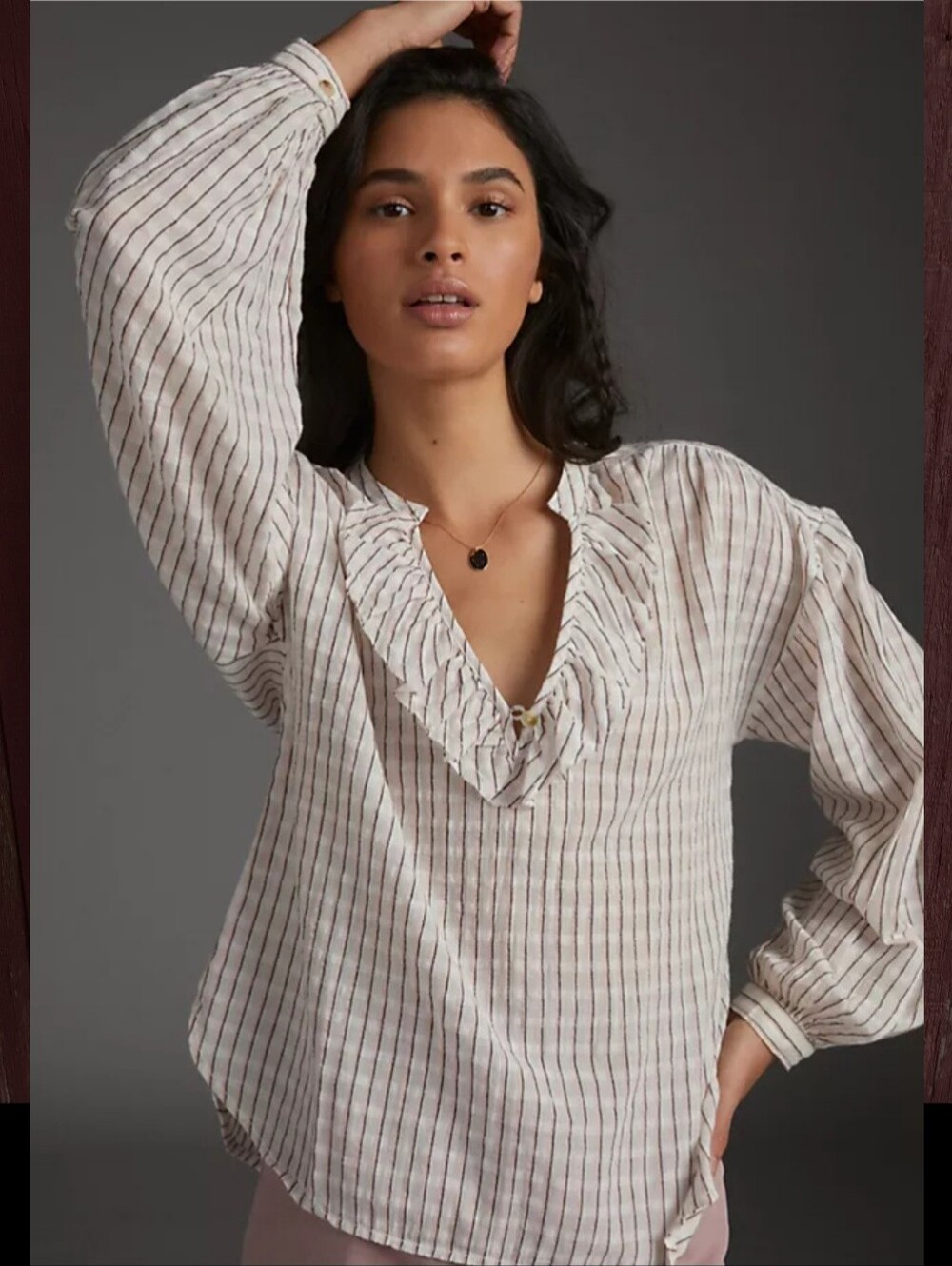 PILCRO Striped Ruffle V-Neck Blouse